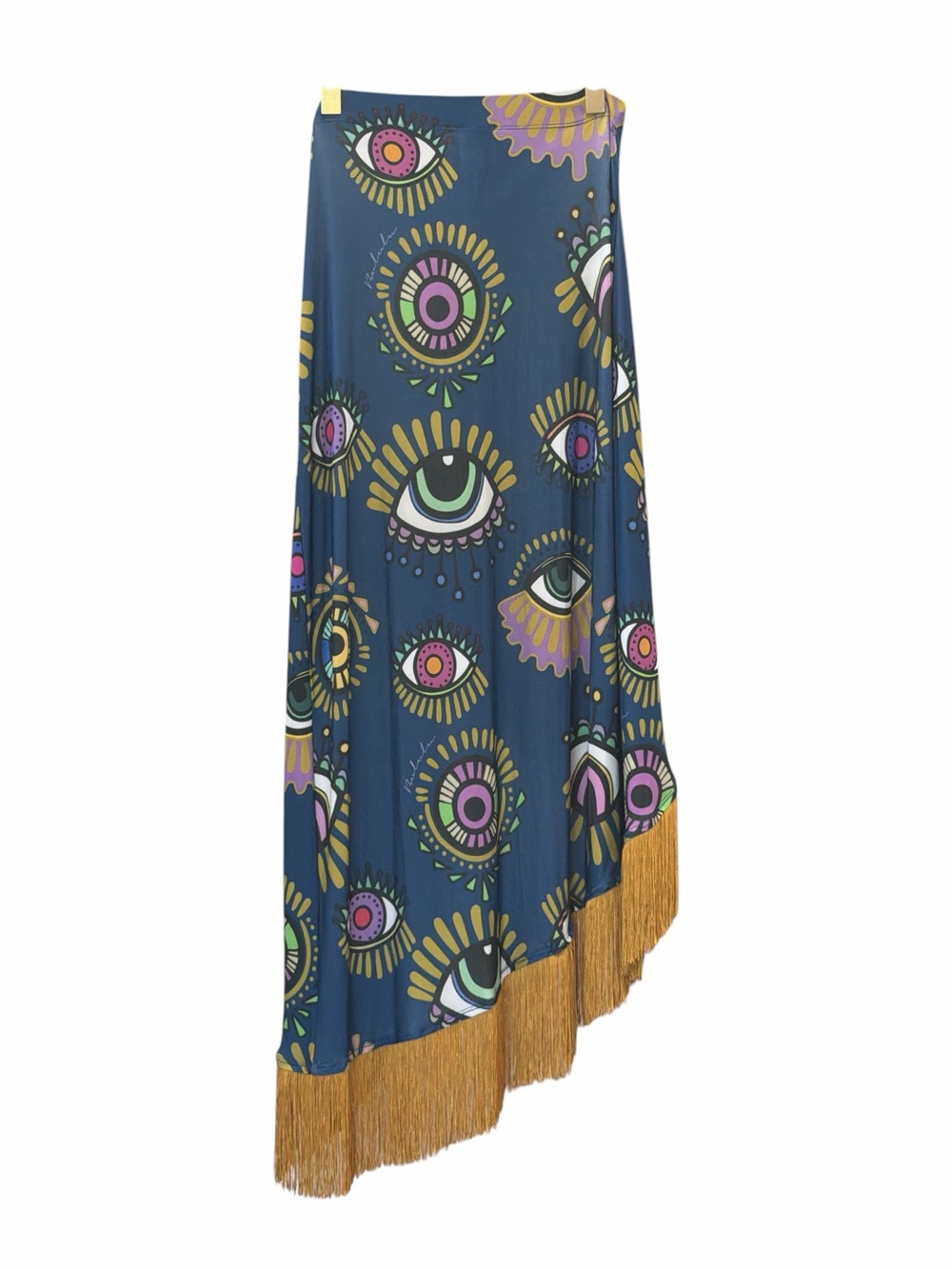 Bululu Wrap Maxi Skirt Womens Large Blue Evil Eye Fringe Trim Resort Wear NWT - Picture 3 of 7